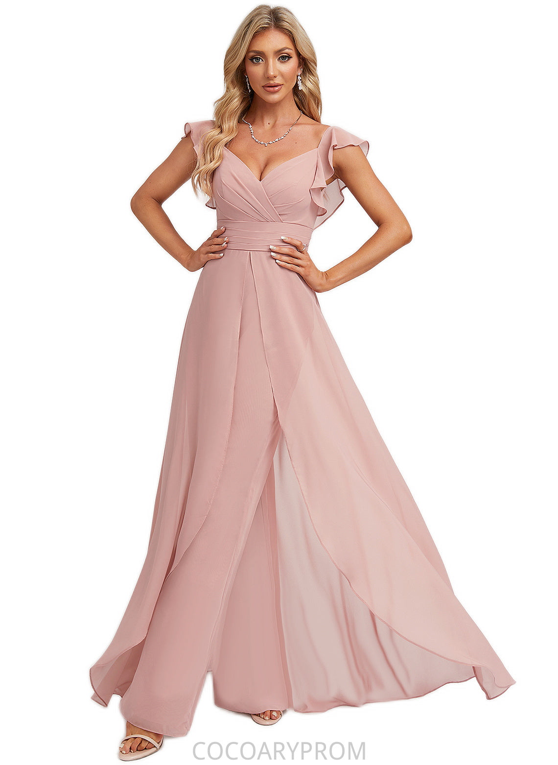 Sophie Jumpsuit/Pantsuit V-Neck Floor-Length Chiffon Bridesmaid Dress With Ruffle DA8P0022600