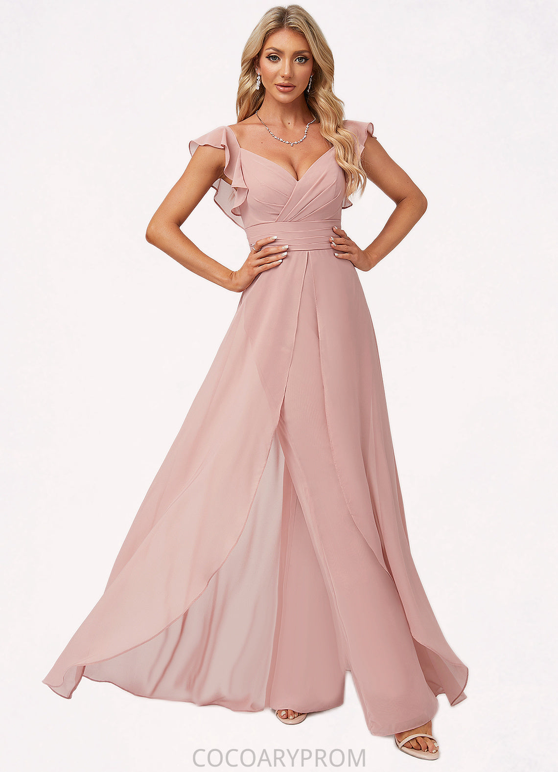 Estrella Jumpsuit/Pantsuit V-Neck Floor-Length Chiffon Bridesmaid Dress With Ruffle DA8P0022600