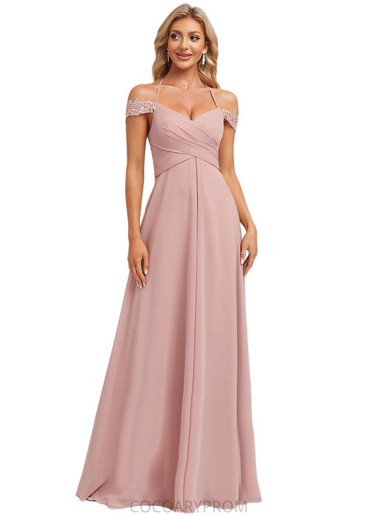 Cornelia A-line Cold Shoulder Halter Floor-Length Chiffon Lace Bridesmaid Dress DA8P0022601