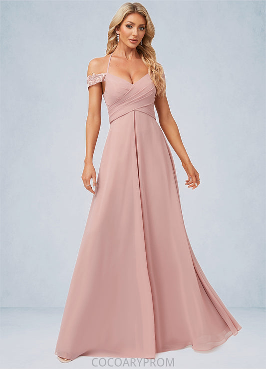 Ariel A-line Cold Shoulder Halter Floor-Length Chiffon Lace Bridesmaid Dress DA8P0022601