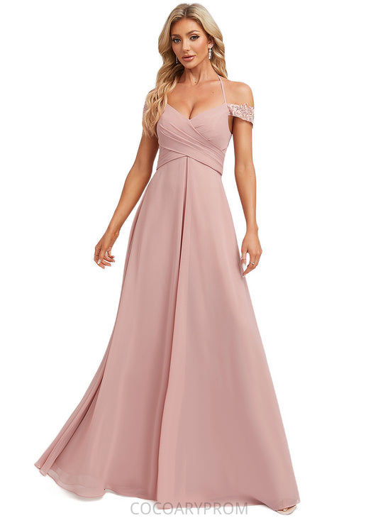 Cornelia A-line Cold Shoulder Halter Floor-Length Chiffon Lace Bridesmaid Dress DA8P0022601