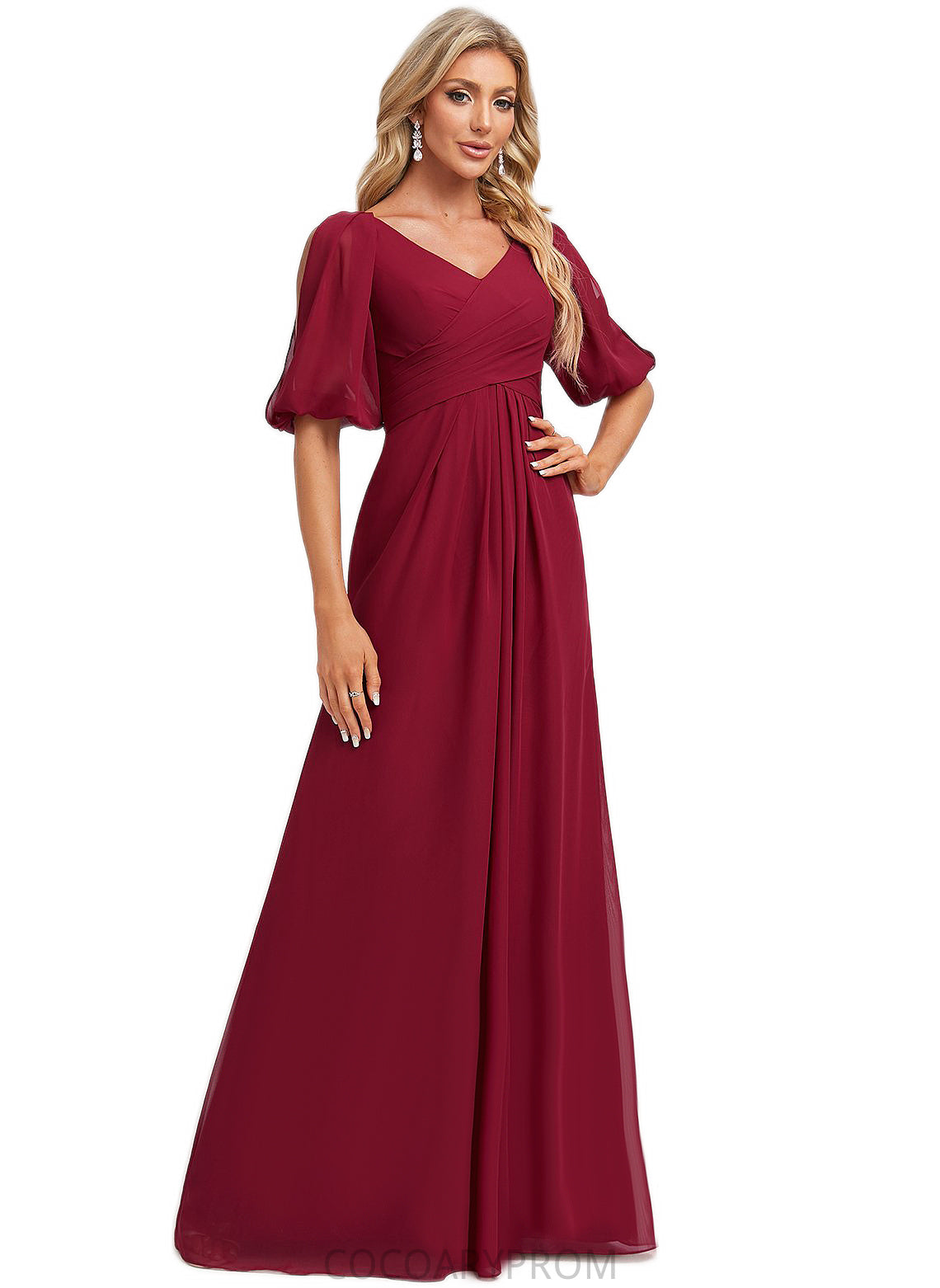 Reina A-line V-Neck Floor-Length Chiffon Bridesmaid Dress DA8P0022608