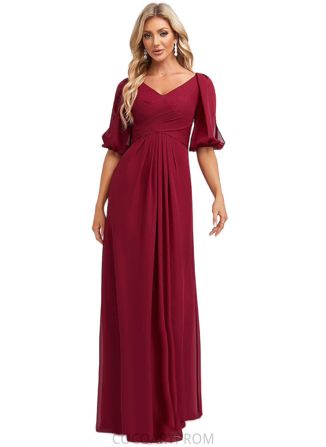 Reina A-line V-Neck Floor-Length Chiffon Bridesmaid Dress DA8P0022608