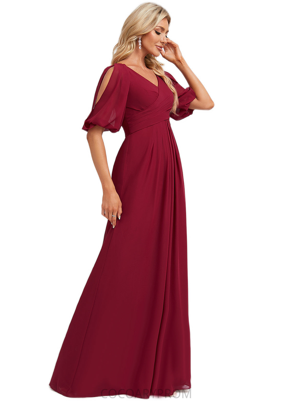 Reina A-line V-Neck Floor-Length Chiffon Bridesmaid Dress DA8P0022608