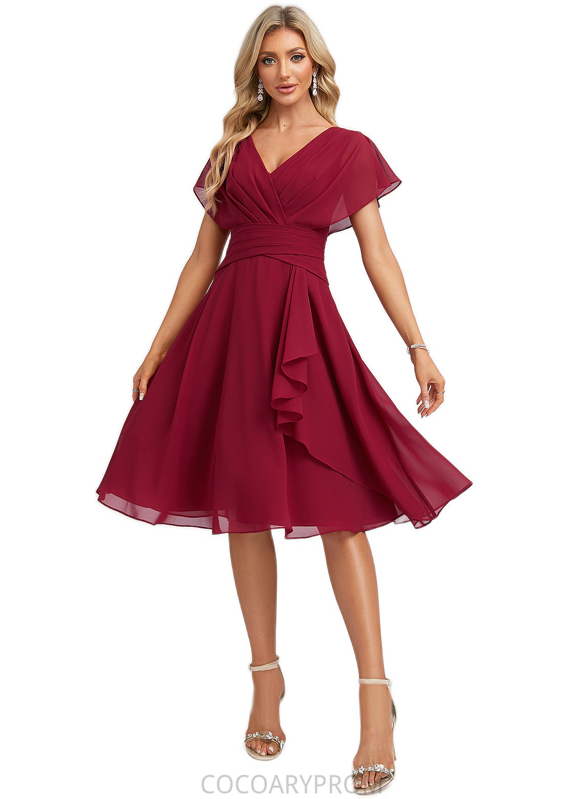 Reina A-line V-Neck Knee-Length Chiffon Bridesmaid Dress With Ruffle DA8P0022609