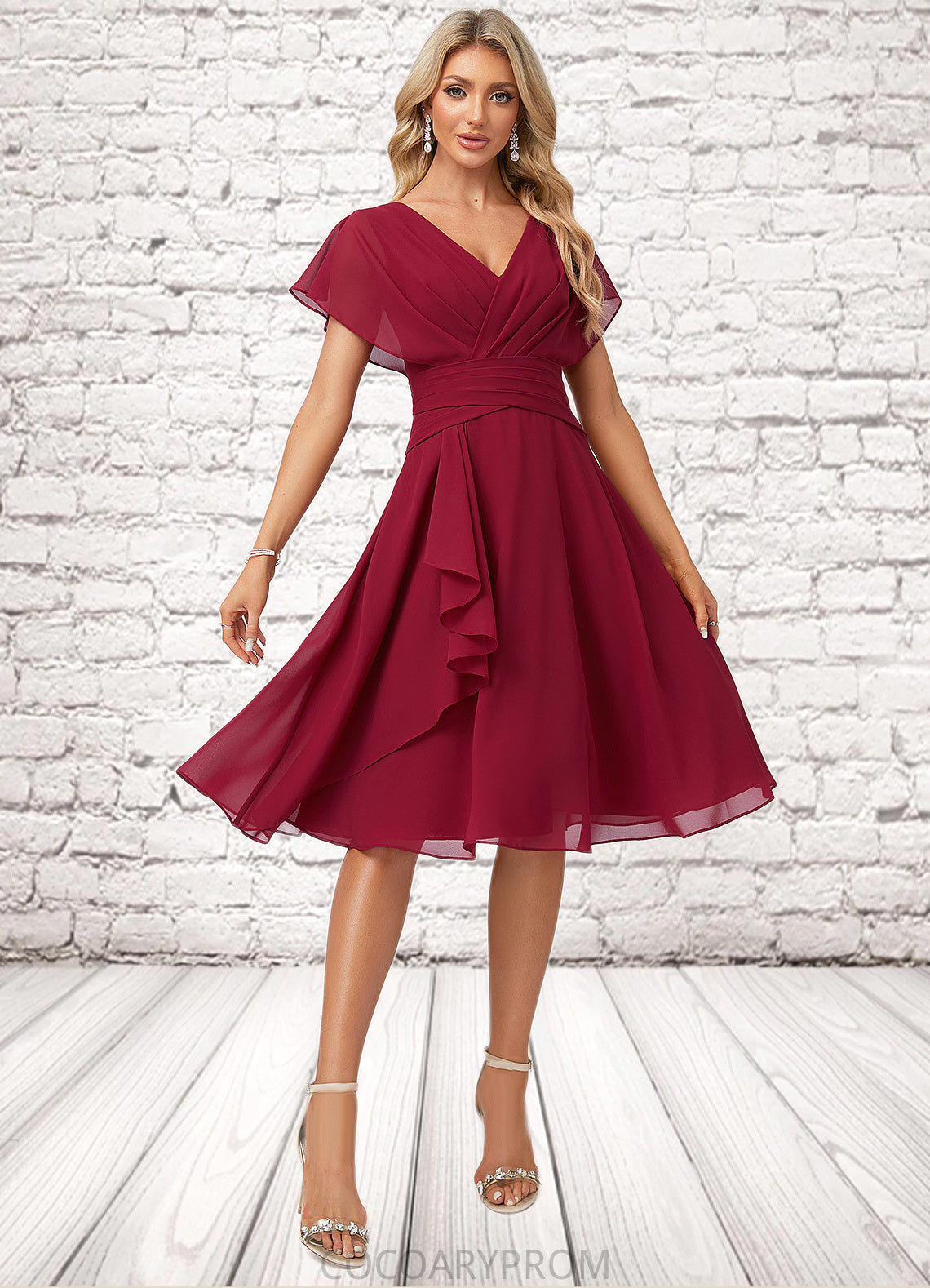 Abagail A-line V-Neck Knee-Length Chiffon Bridesmaid Dress With Ruffle DA8P0022609