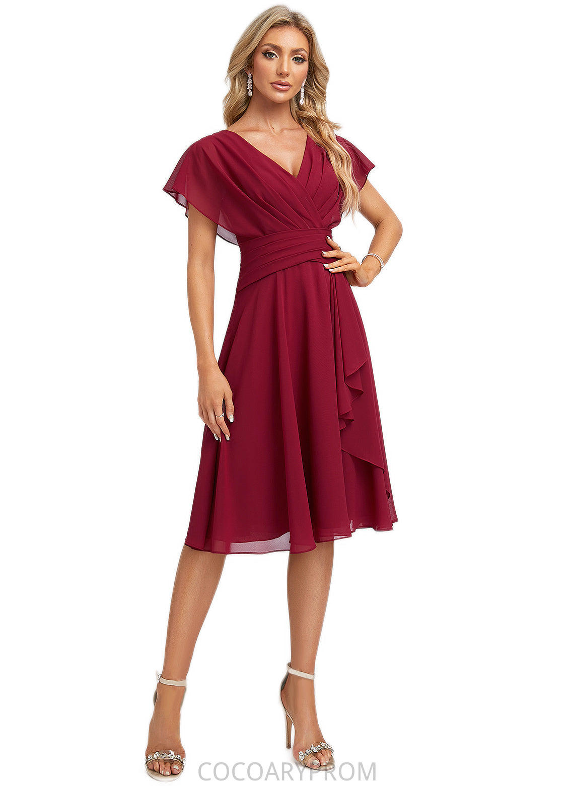 Reina A-line V-Neck Knee-Length Chiffon Bridesmaid Dress With Ruffle DA8P0022609