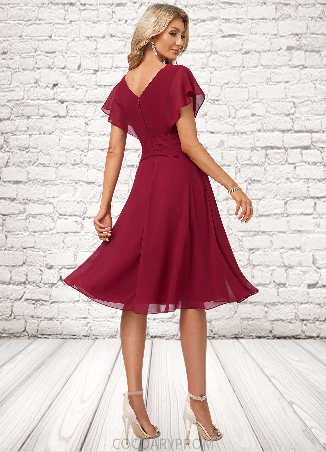 Abagail A-line V-Neck Knee-Length Chiffon Bridesmaid Dress With Ruffle DA8P0022609