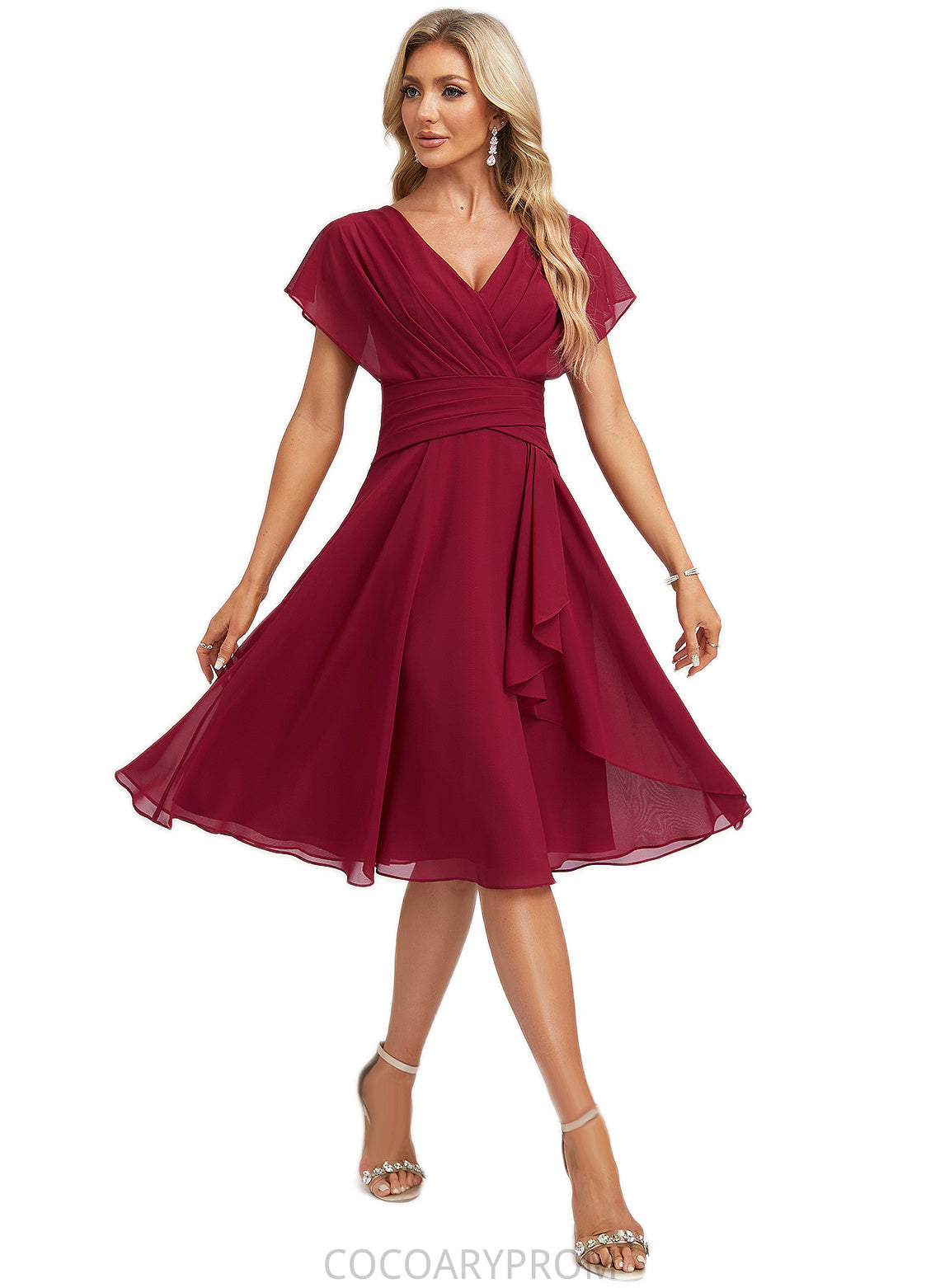 Reina A-line V-Neck Knee-Length Chiffon Bridesmaid Dress With Ruffle DA8P0022609