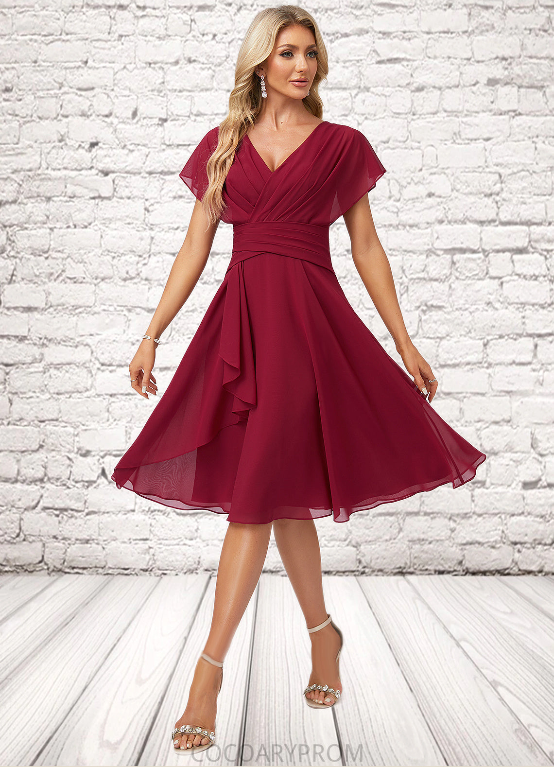 Abagail A-line V-Neck Knee-Length Chiffon Bridesmaid Dress With Ruffle DA8P0022609