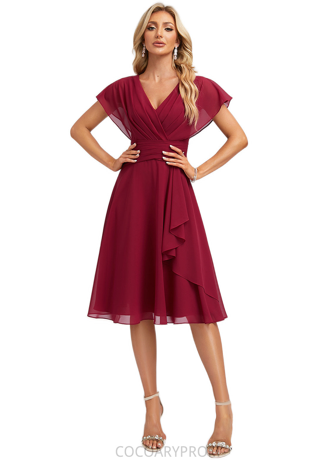 Reina A-line V-Neck Knee-Length Chiffon Bridesmaid Dress With Ruffle DA8P0022609