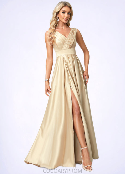 Stella A-line V-Neck Floor-Length Satin Bridesmaid Dress DA8P0022612