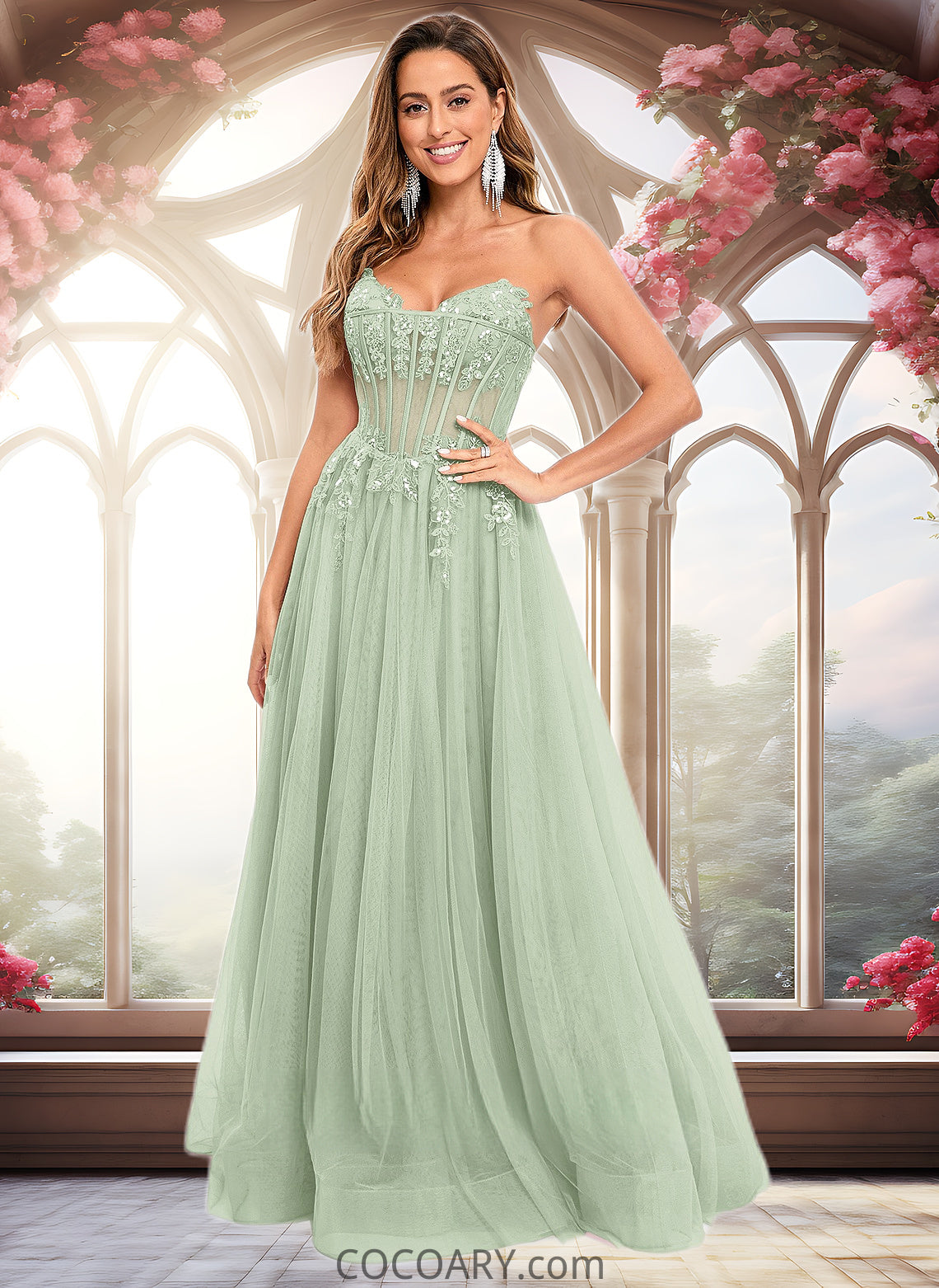 Charlize Ball-Gown/Princess V-Neck Floor-Length Tulle Prom Dresses With Sequins Appliques Lace DA8P0025837