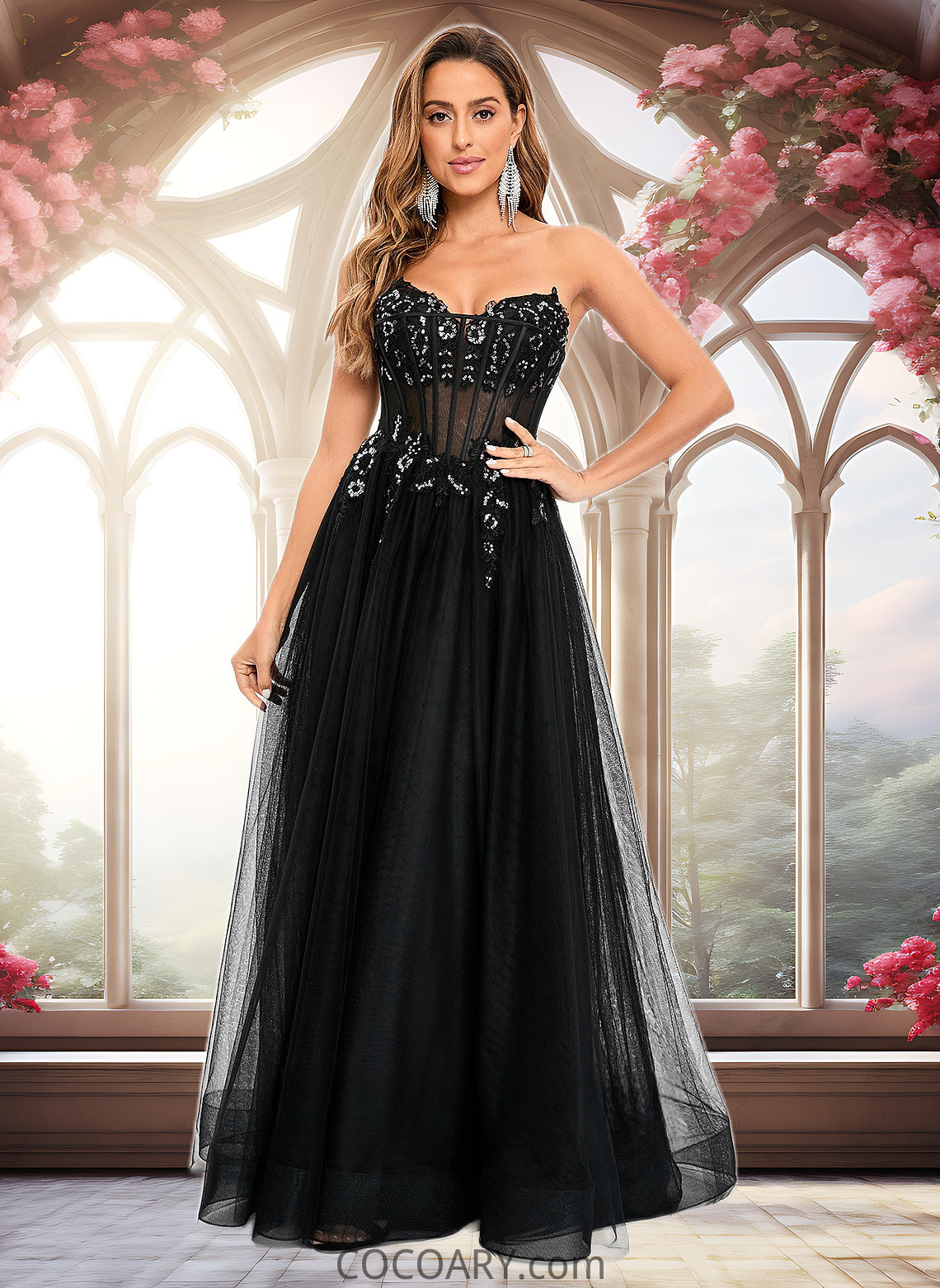 Charlize Ball-Gown/Princess V-Neck Floor-Length Tulle Prom Dresses With Sequins Appliques Lace DA8P0025837