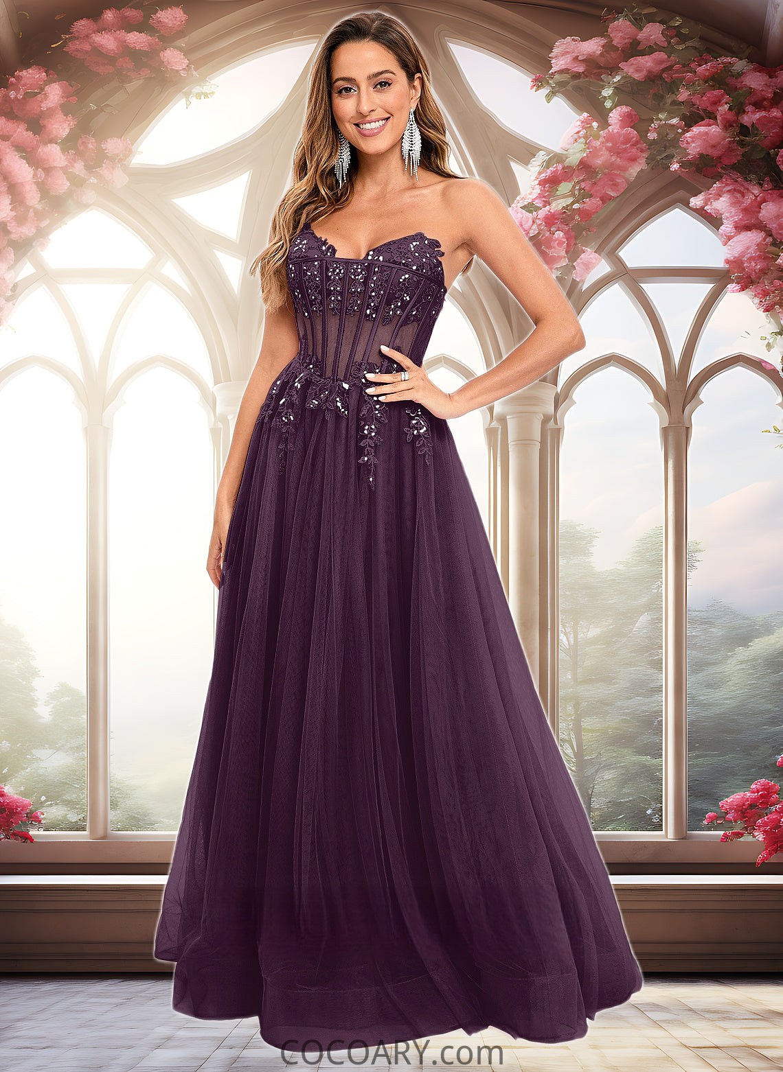 Charlize Ball-Gown/Princess V-Neck Floor-Length Tulle Prom Dresses With Sequins Appliques Lace DA8P0025837