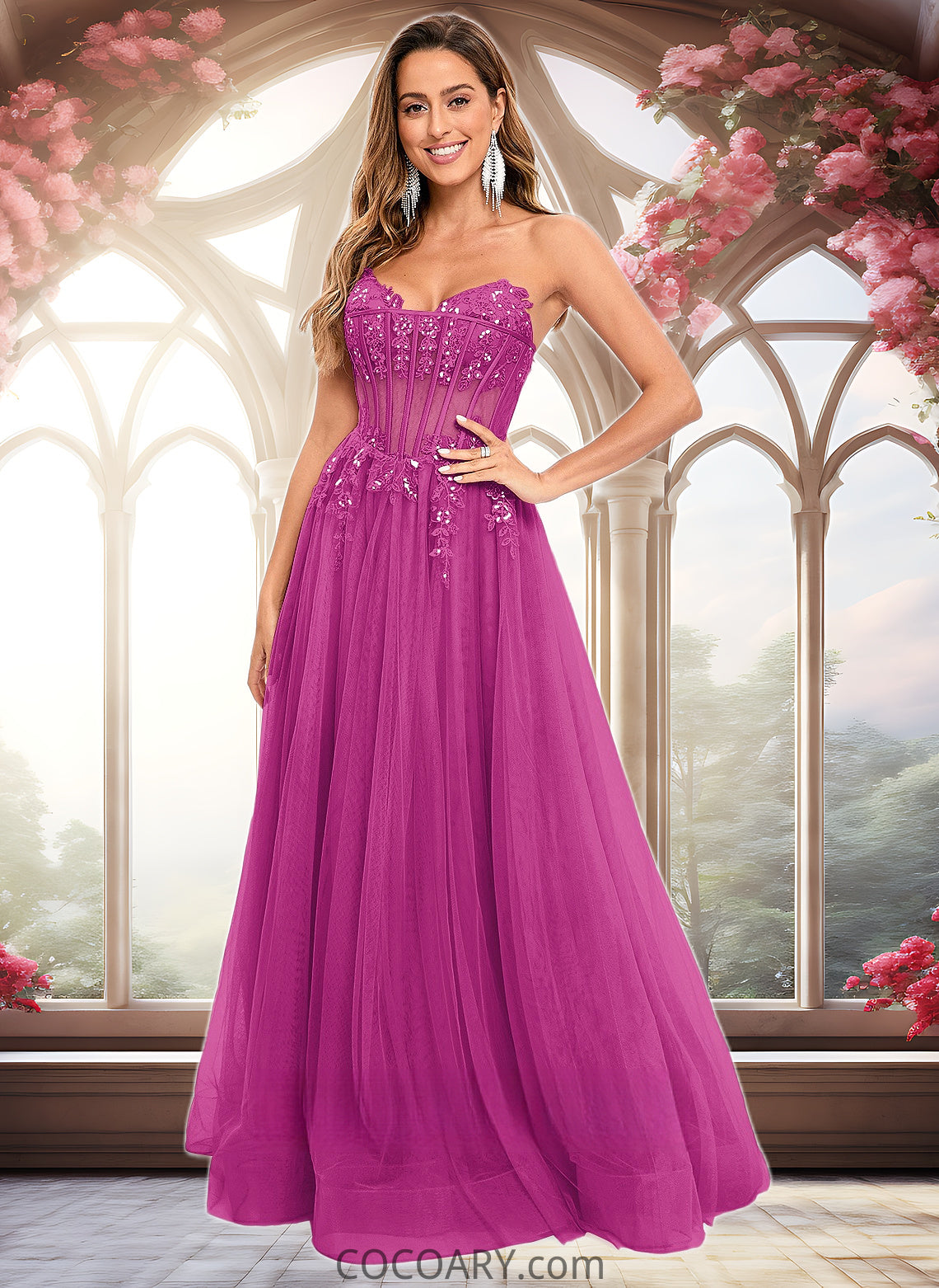 Charlize Ball-Gown/Princess V-Neck Floor-Length Tulle Prom Dresses With Sequins Appliques Lace DA8P0025837