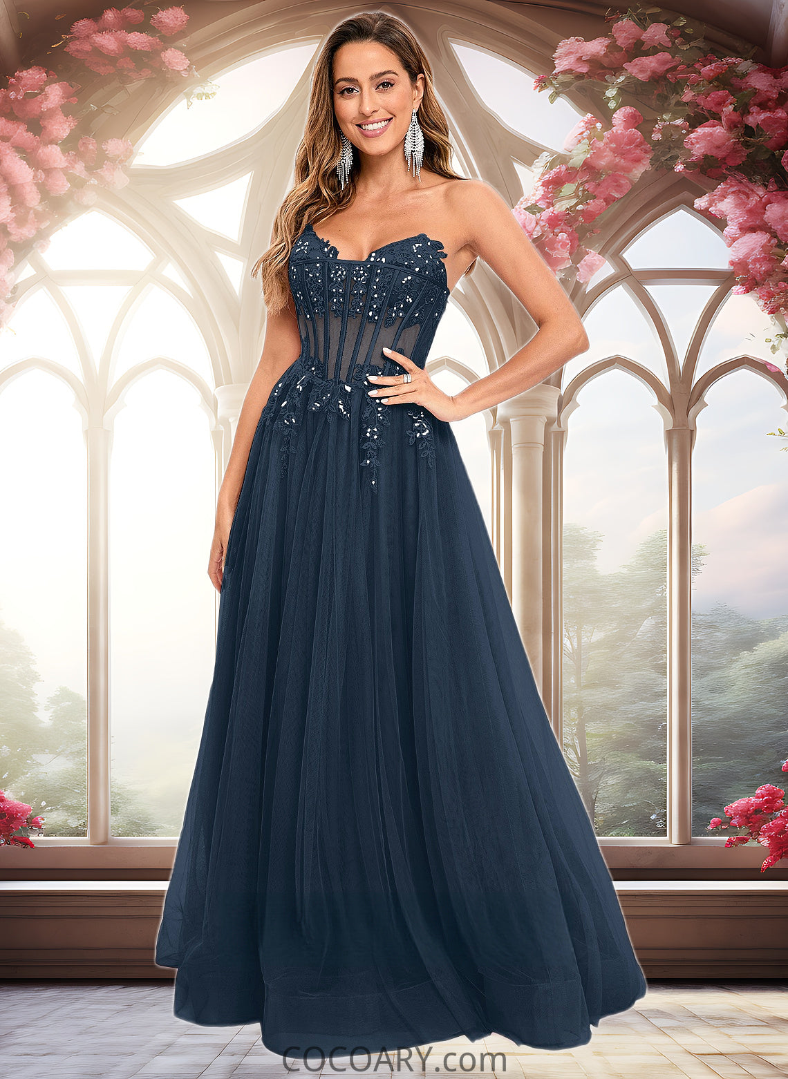 Charlize Ball-Gown/Princess V-Neck Floor-Length Tulle Prom Dresses With Sequins Appliques Lace DA8P0025837