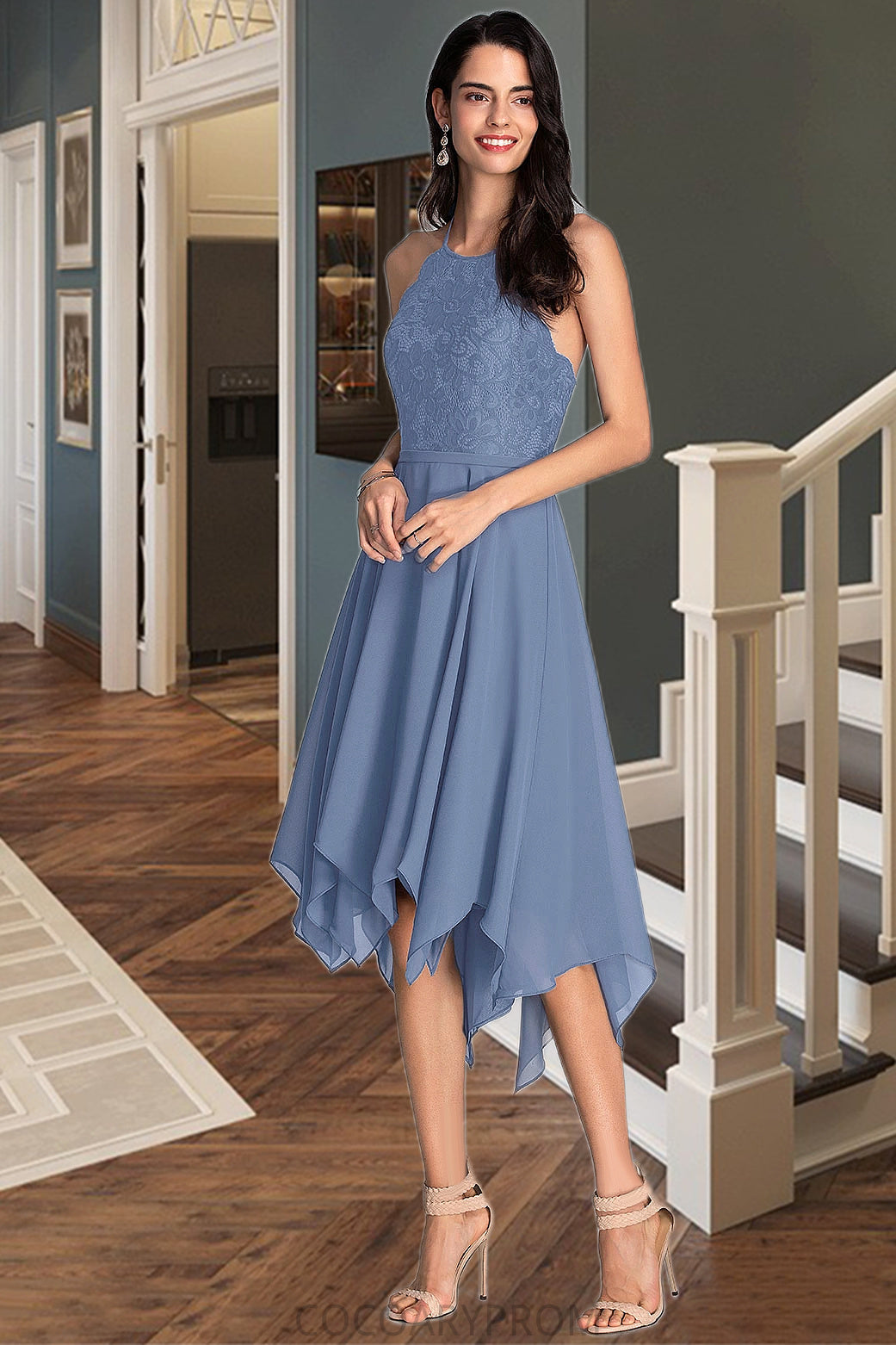 Kaelyn A-line Halter Asymmetrical Chiffon Lace Homecoming Dress DA8P0020561