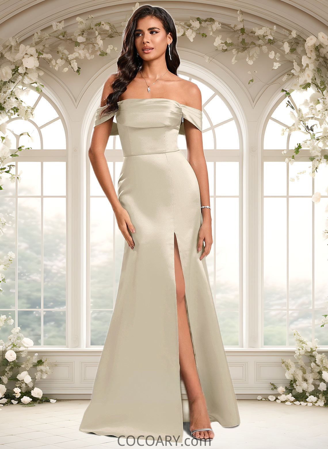 Martha Trumpet/Mermaid Off the Shoulder Square Floor-Length Satin Prom Dresses With Ruffle DA8P0025883