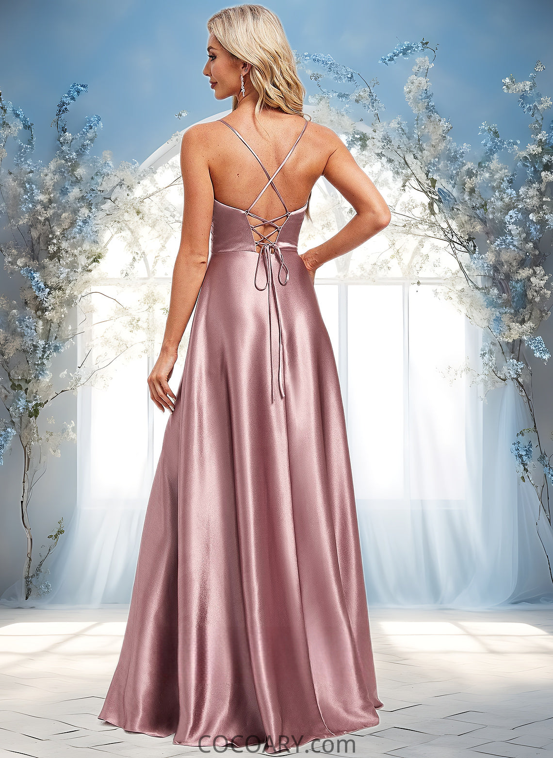 Brianna A-line V-Neck Floor-Length Stretch Satin Bridesmaid Dress DA8P0025822