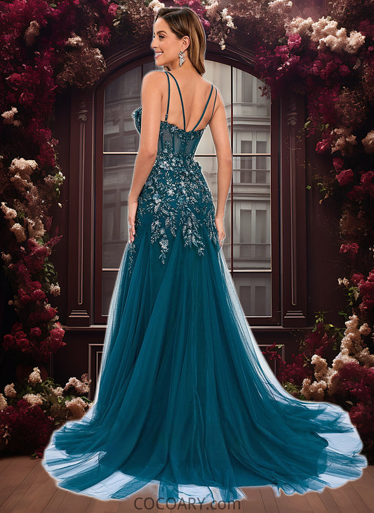 Kit Trumpet/Mermaid V-Neck Sweep Train Tulle Prom Dresses With Sequins Appliques Lace DA8P0025853