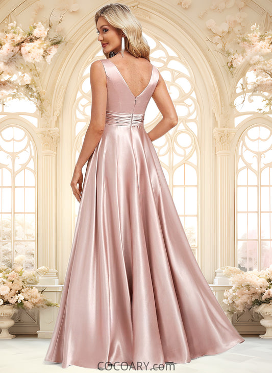 Britney A-line V-Neck Floor-Length Stretch Satin Bridesmaid Dress DA8P0025779