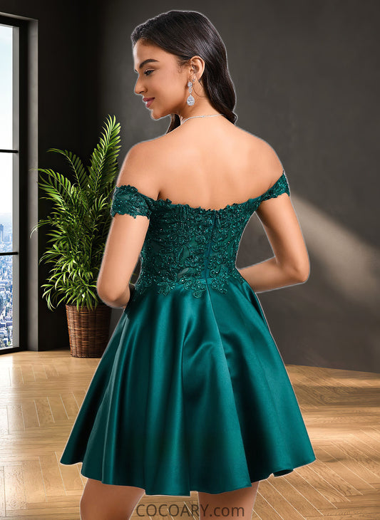 Dixie A-line Off the Shoulder Short Lace Satin Homecoming Dress With Rhinestone DA8P0025718