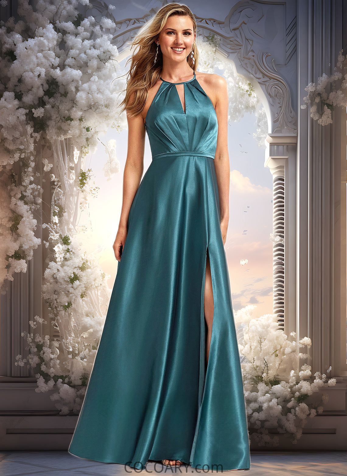 Eva A-line Halter Floor-Length Stretch Satin Bridesmaid Dress DA8P0025731