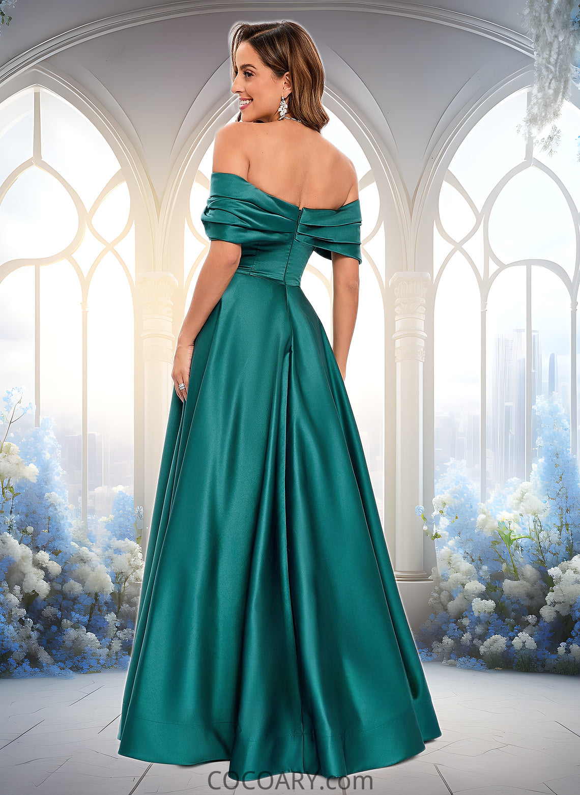 Cristina A-line Off the Shoulder Floor-Length Satin Prom Dresses With Pleated DA8P0025851