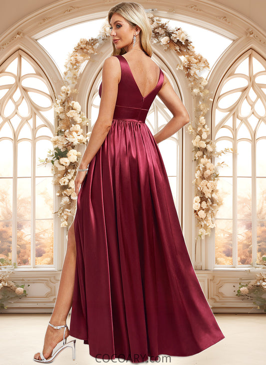 Deborah A-line V-Neck Floor-Length Stretch Satin Bridesmaid Dress DA8P0025771