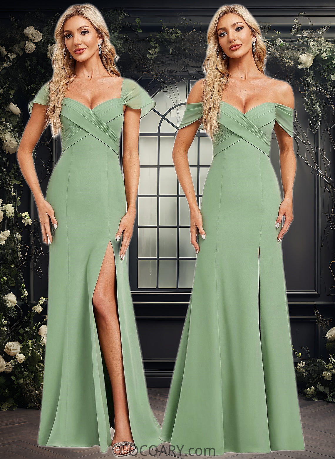 Yesenia Trumpet/Mermaid Off the Shoulder V-Neck Floor-Length Chiffon Bridesmaid Dress DA8P0025810