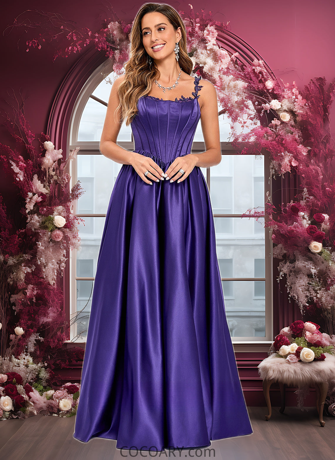 Serena Ball-Gown/Princess Scoop Floor-Length Satin Prom Dresses With Appliques Lace Beading DA8P0025865