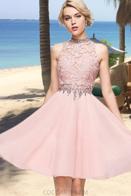 Kaylee A-line High Neck Knee-Length Chiffon Lace Homecoming Dress With Beading Sequins DA8P0020596