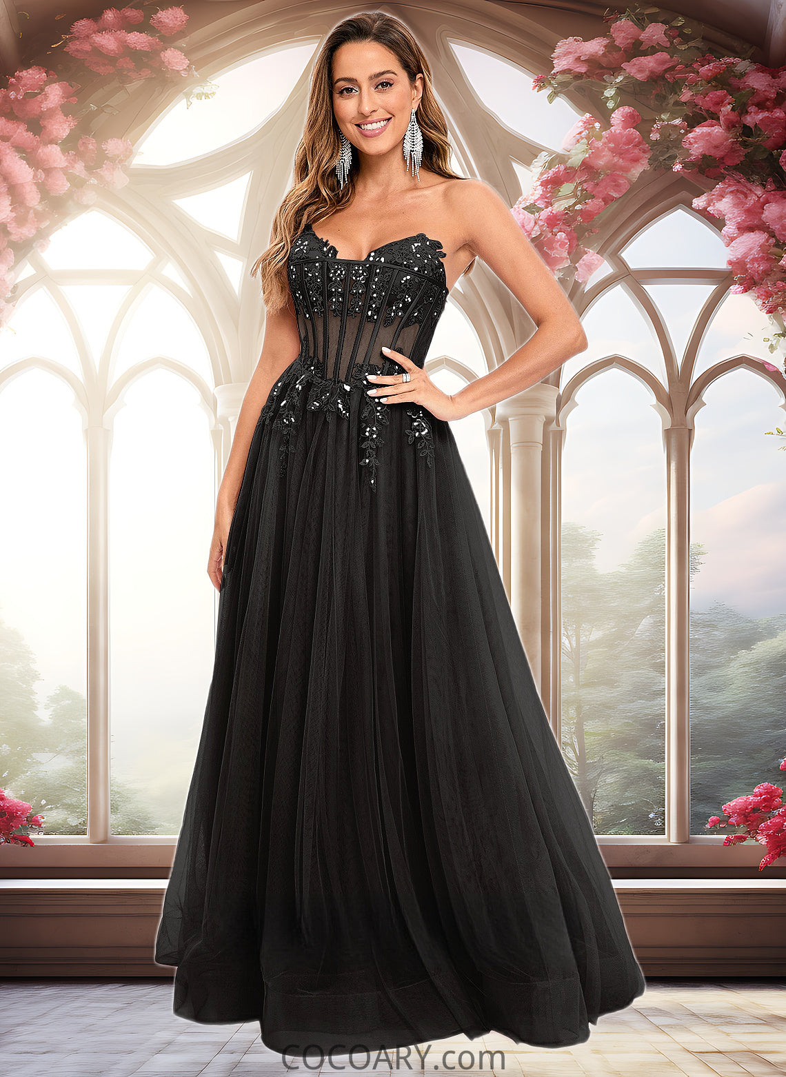 Charlize Ball-Gown/Princess V-Neck Floor-Length Tulle Prom Dresses With Sequins Appliques Lace DA8P0025837