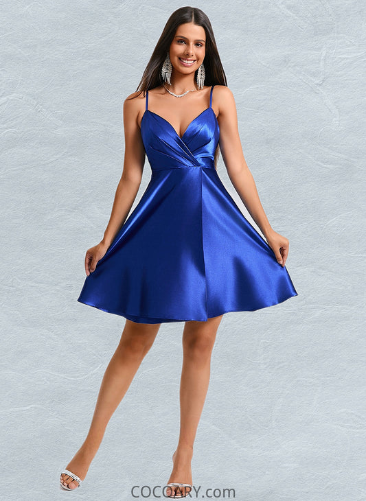 Liz A-line V-Neck Short Stretch Satin Homecoming Dress With Pleated DA8P0025705