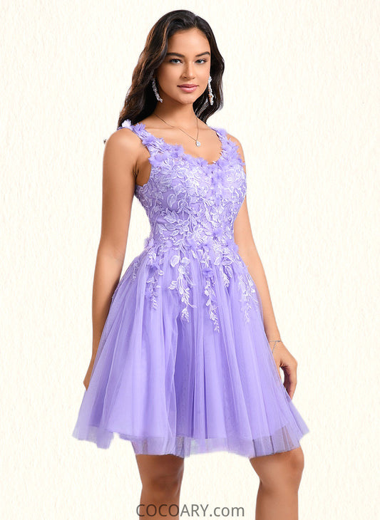 Vivien Ball-Gown/Princess V-Neck Short Lace Tulle Homecoming Dress With Flower DA8P0025656