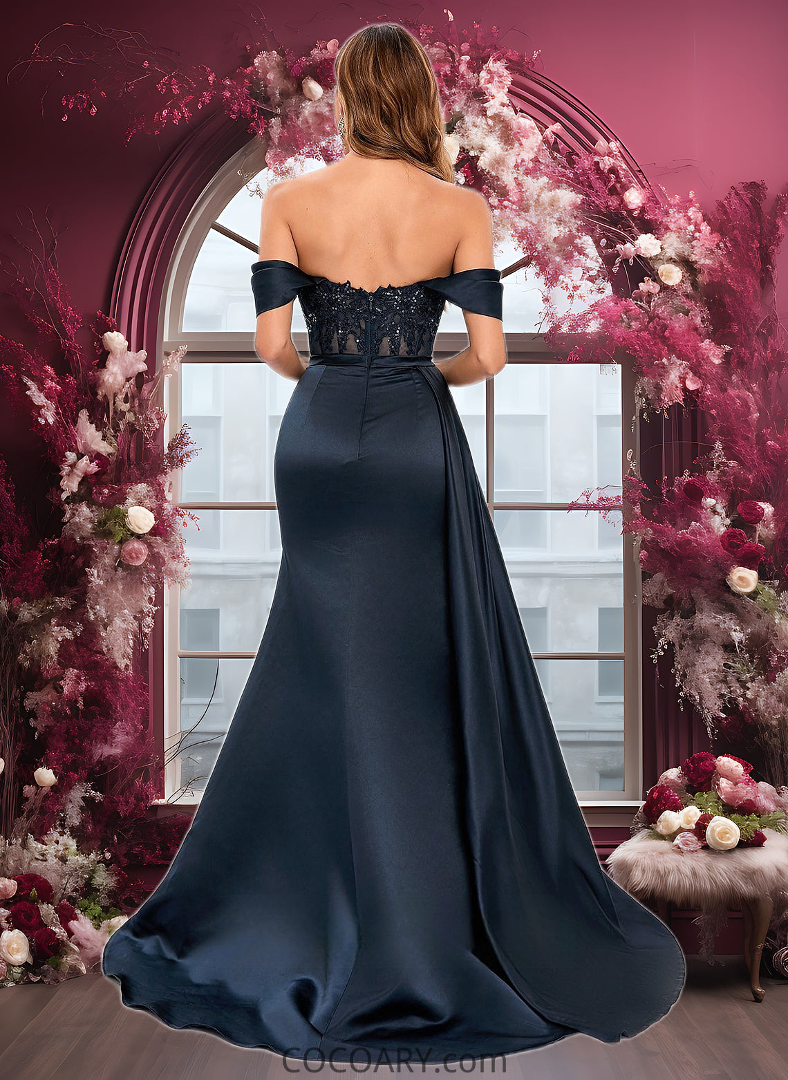 Lina Trumpet/Mermaid Off the Shoulder Sweep Train Satin Prom Dresses With Sequins Appliques Lace DA8P0025835