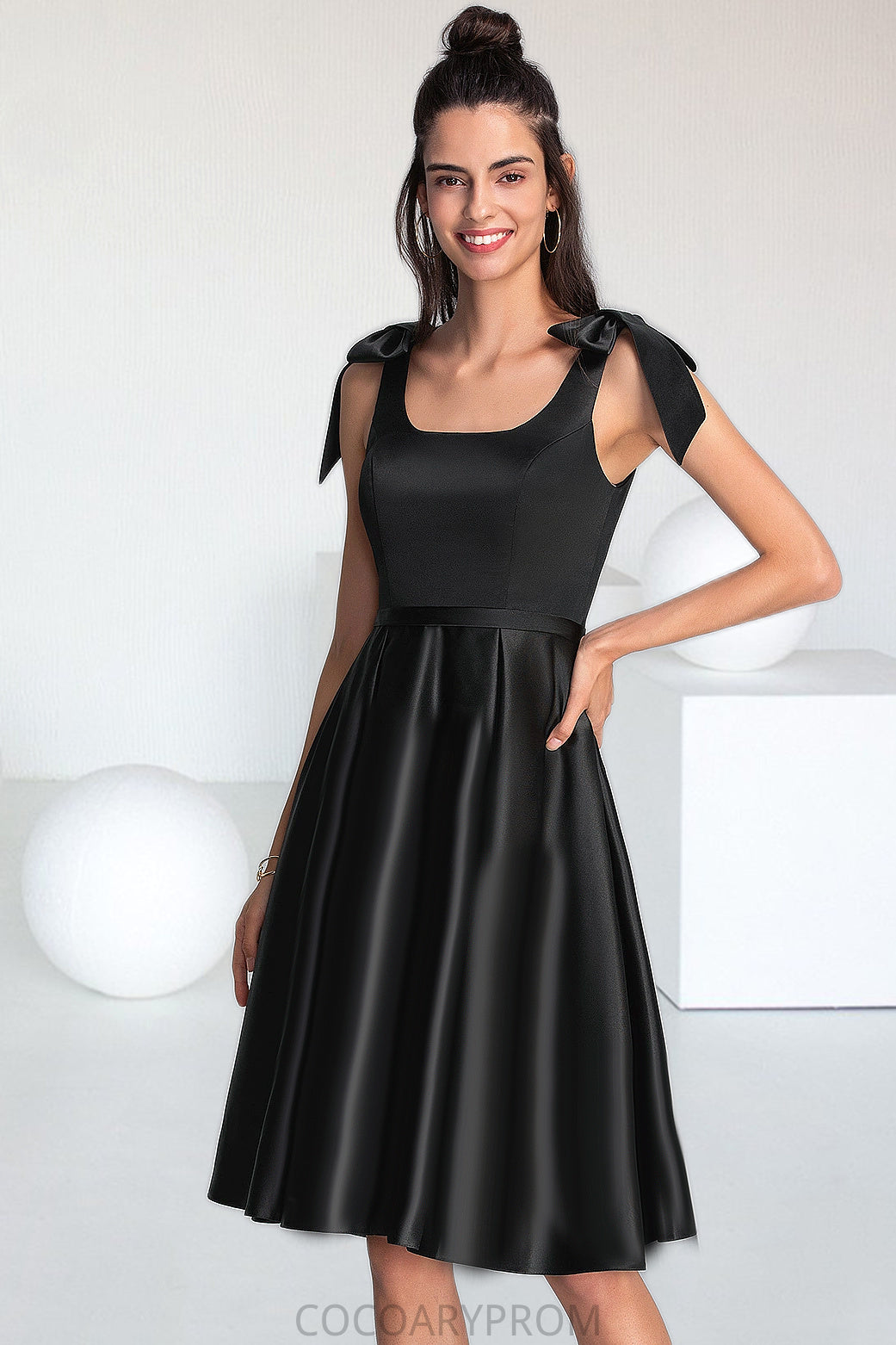 Moriah A-line Square Knee-Length Satin Homecoming Dress With Bow DA8P0020556