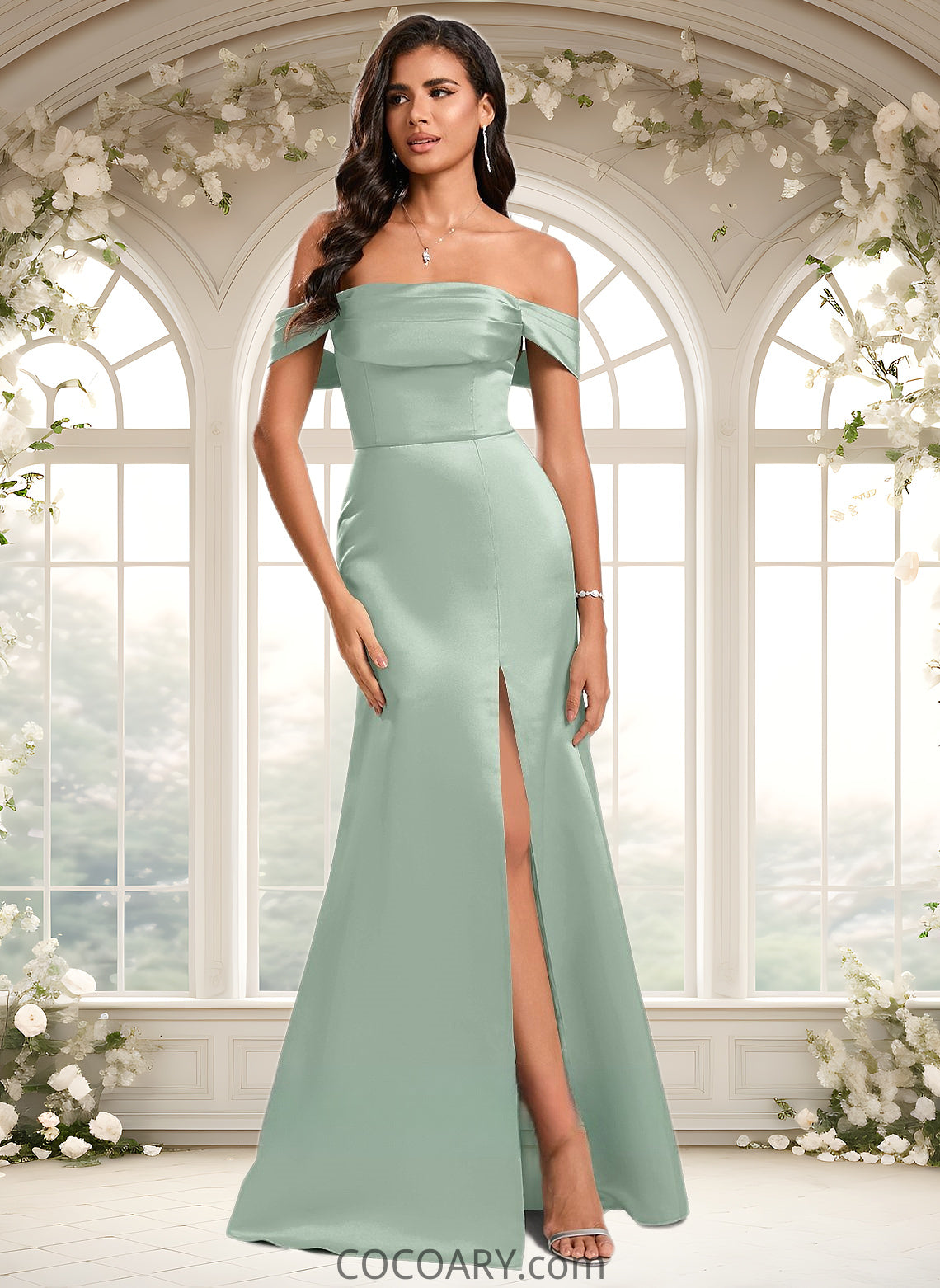 Martha Trumpet/Mermaid Off the Shoulder Square Floor-Length Satin Prom Dresses With Ruffle DA8P0025883