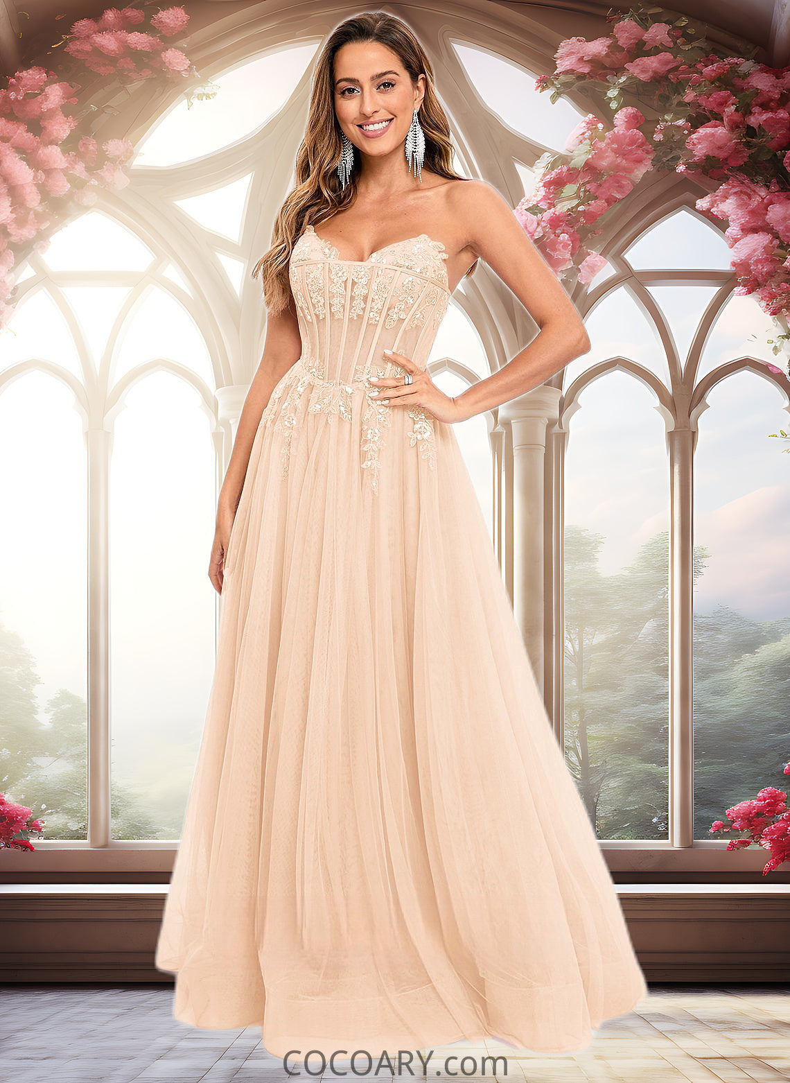 Charlize Ball-Gown/Princess V-Neck Floor-Length Tulle Prom Dresses With Sequins Appliques Lace DA8P0025837