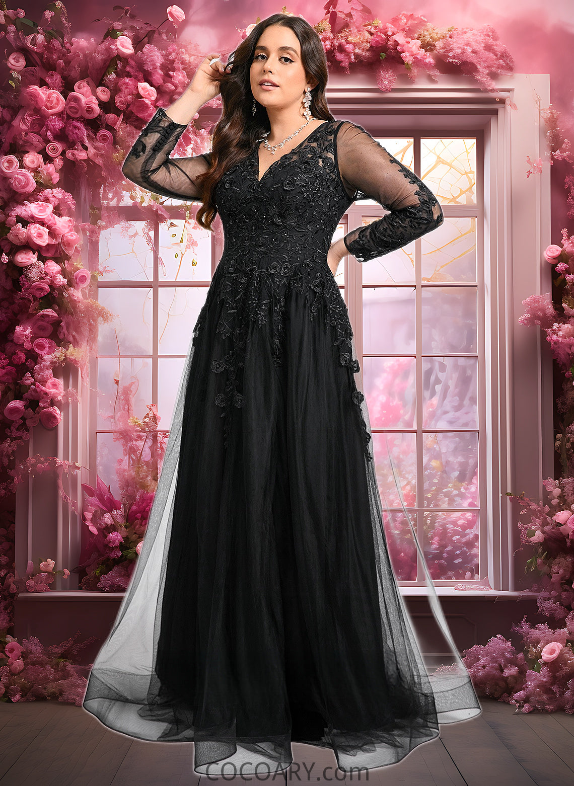 Hailey A-line V-Neck Floor-Length Tulle Prom Dresses With Sequins Appliques Lace Beading DA8P0025834