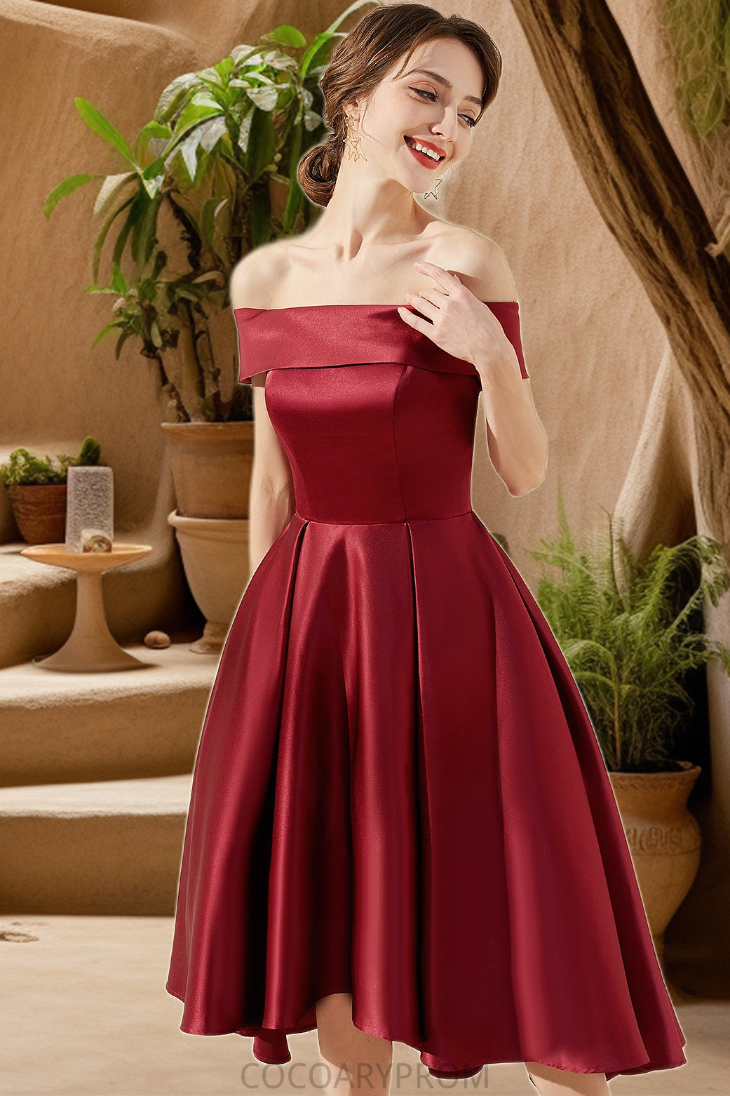 Harriet A-line Off the Shoulder Asymmetrical Satin Homecoming Dress DA8P0020532