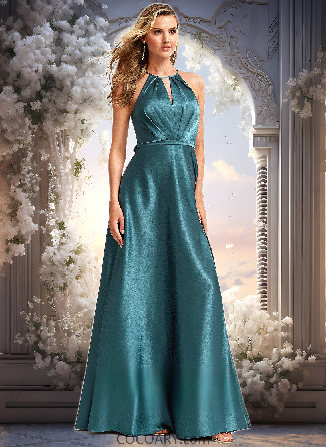 Eva A-line Halter Floor-Length Stretch Satin Bridesmaid Dress DA8P0025731