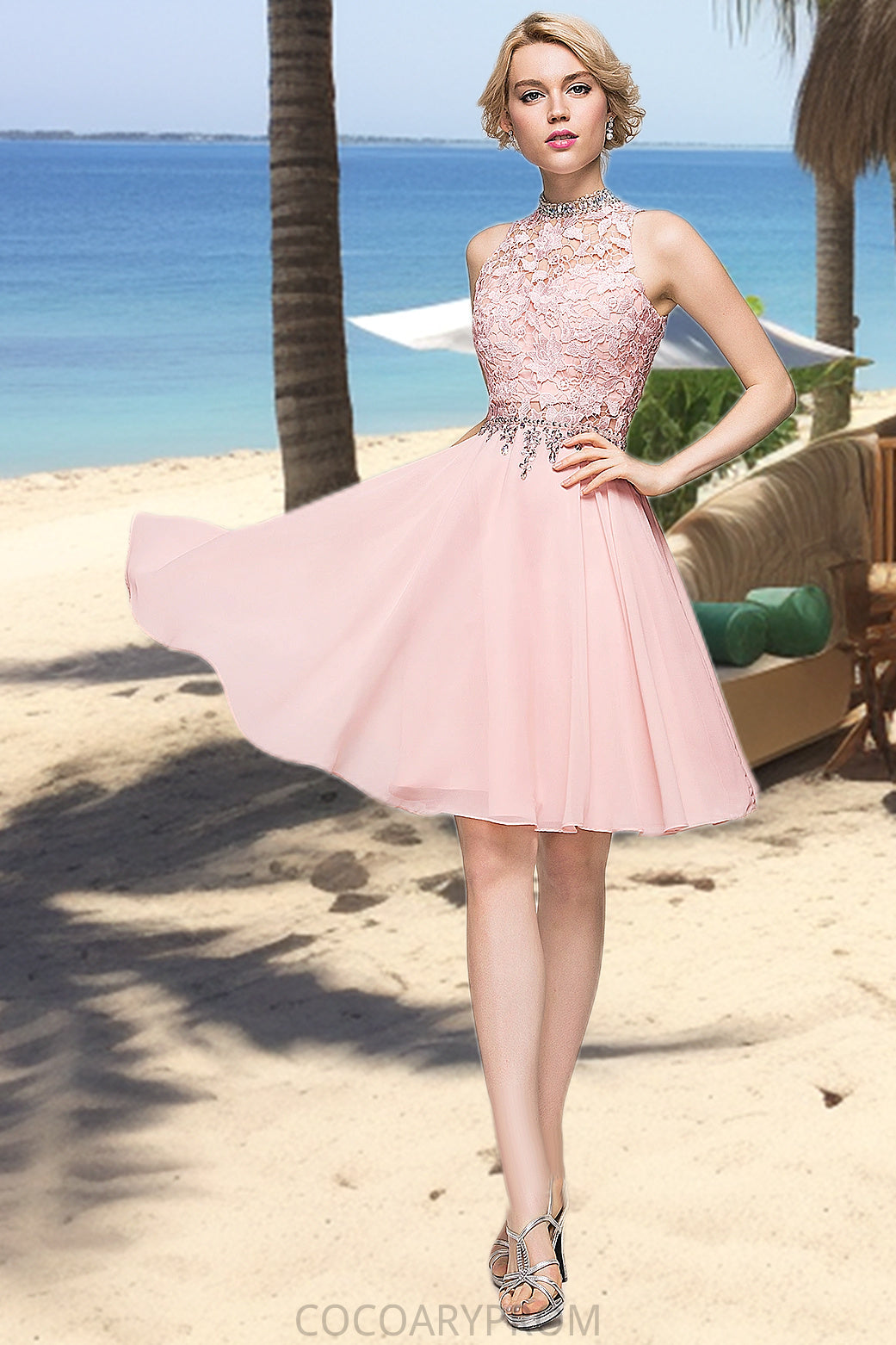 Kaylee A-line High Neck Knee-Length Chiffon Lace Homecoming Dress With Beading Sequins DA8P0020596