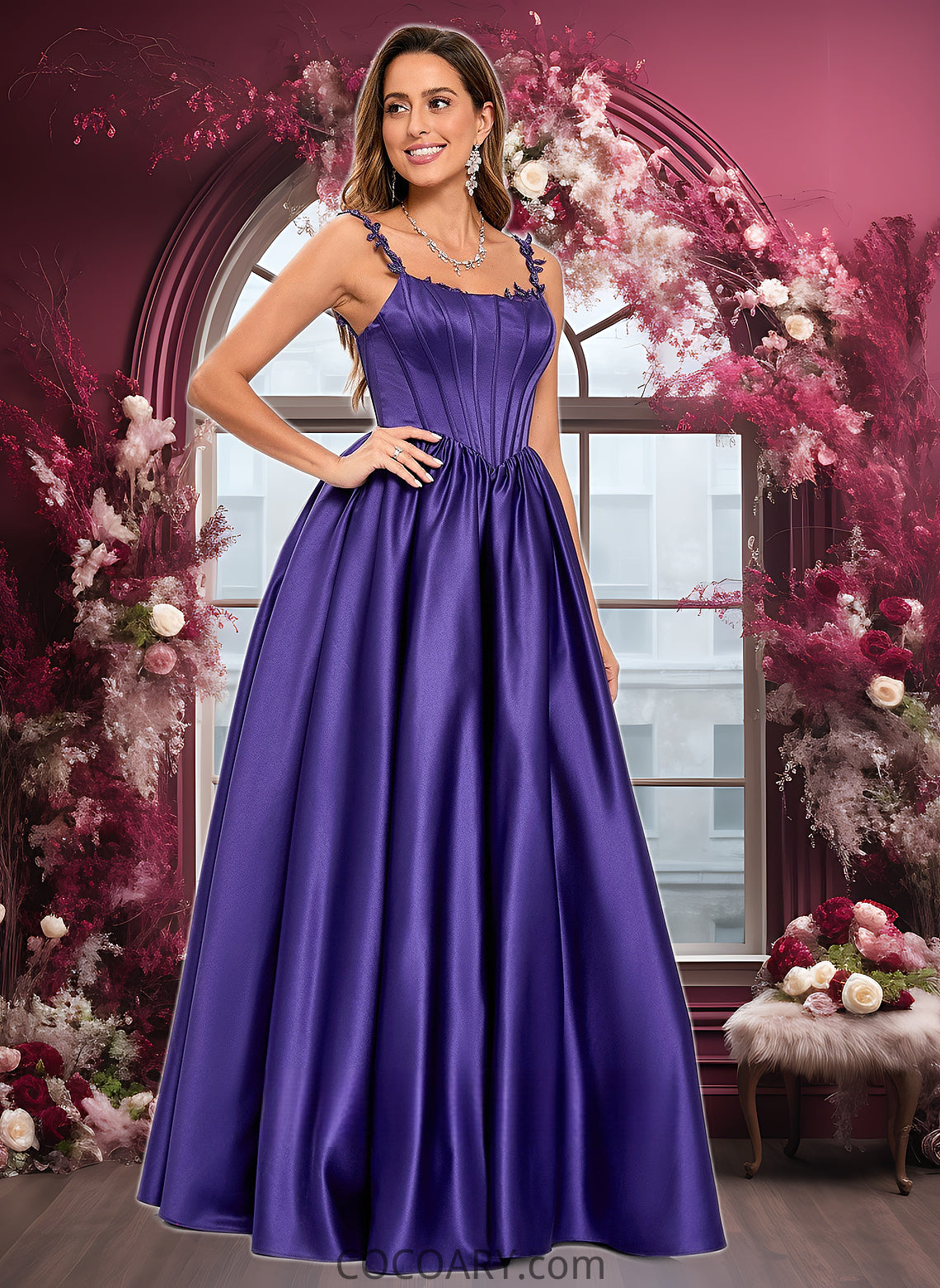 Serena Ball-Gown/Princess Scoop Floor-Length Satin Prom Dresses With Appliques Lace Beading DA8P0025865