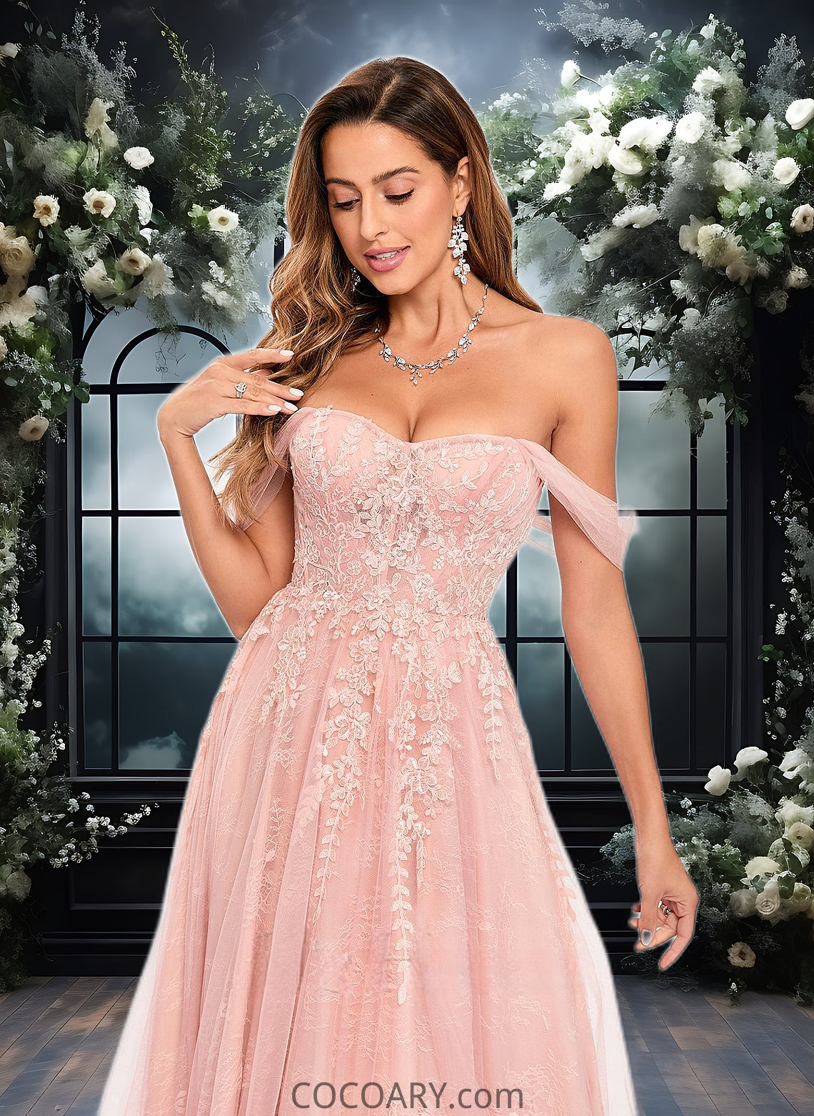 Jazlyn A-line Sweetheart Off the Shoulder Floor-Length Tulle Floral Lace Prom Dresses With Appliques Lace DA8P0025870