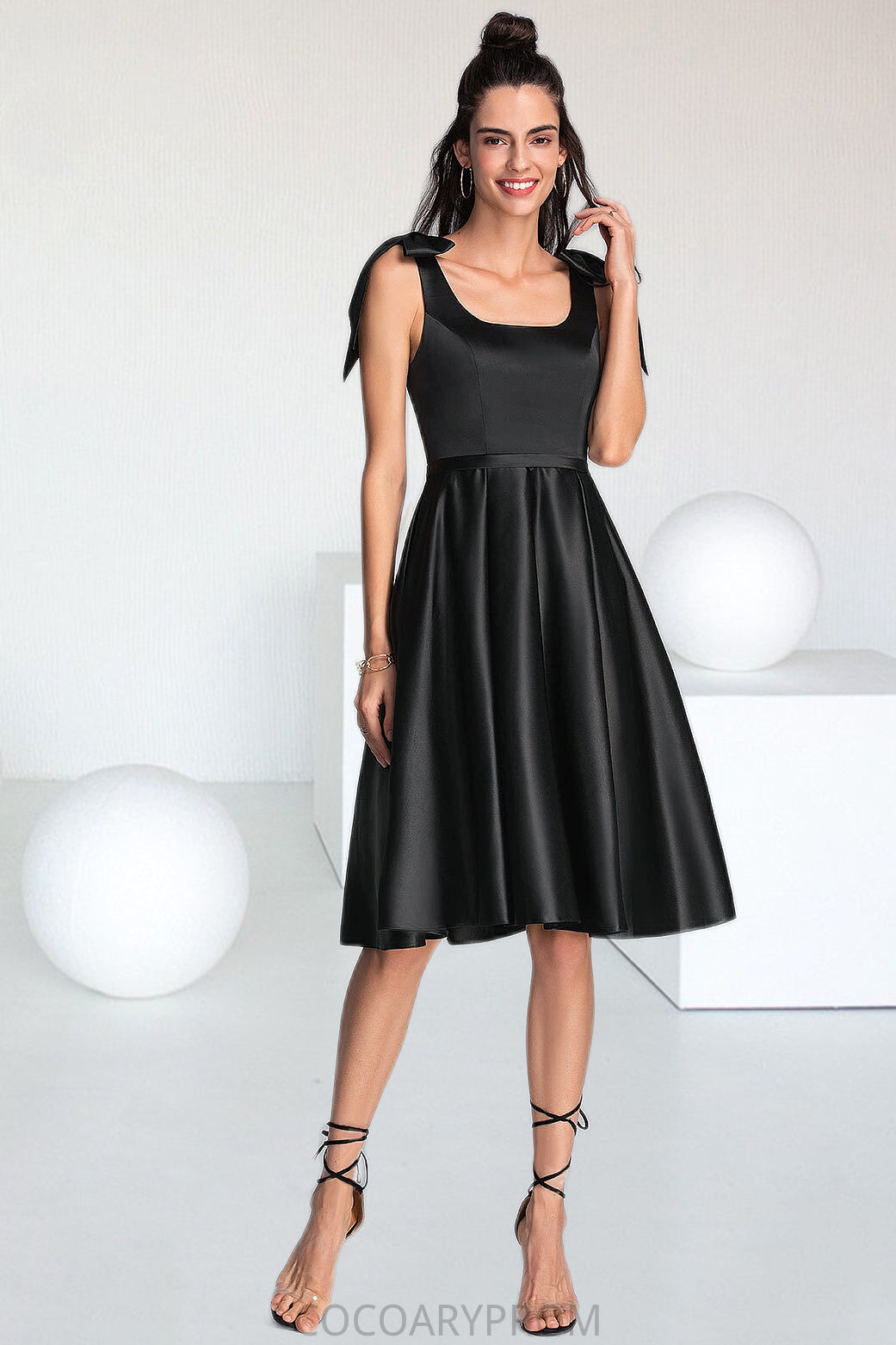 Moriah A-line Square Knee-Length Satin Homecoming Dress With Bow DA8P0020556