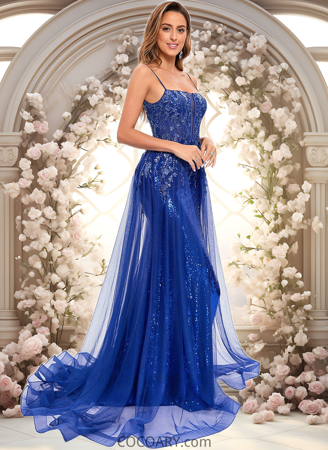 Desirae Trumpet/Mermaid Straight Sweep Train Tulle Sequin Prom Dresses With Sequins Appliques Lace DA8P0025857