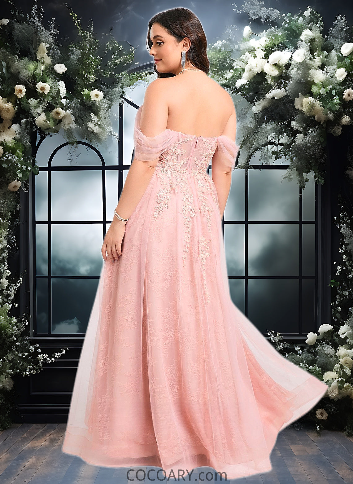 Jazlyn A-line Sweetheart Off the Shoulder Floor-Length Tulle Floral Lace Prom Dresses With Appliques Lace DA8P0025870