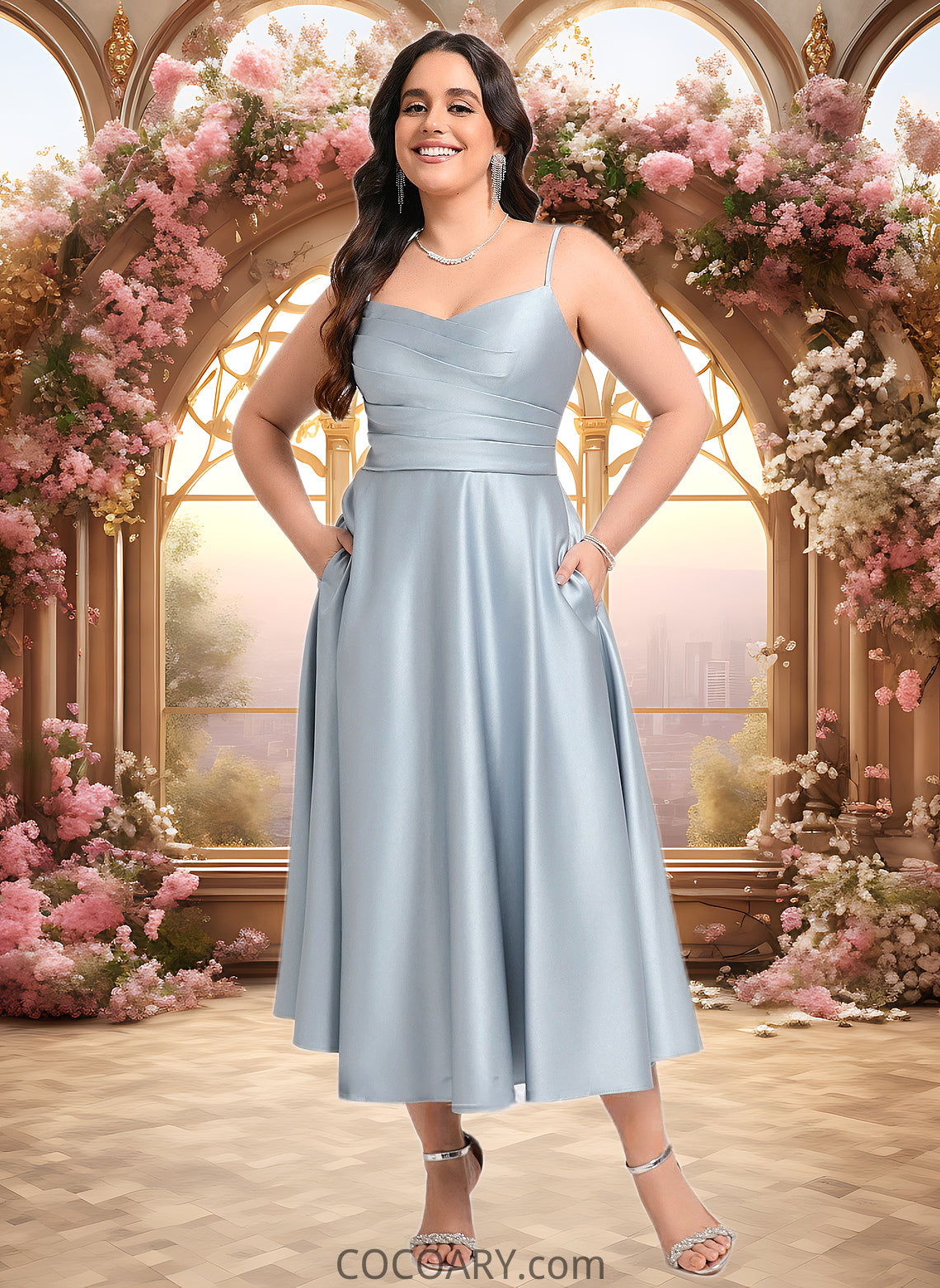 Brisa A-line V-Neck Tea-Length Satin Bridesmaid Dress DA8P0025794